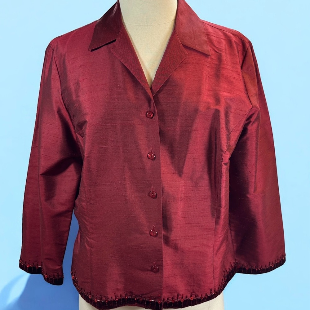 Ann Taylor Shantung SILK Maroon Sequin Velvet Trim Blouse Jacket Shirt sz 10